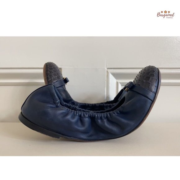 Authentic Louis Vuitton Navy Leather Reptile Toe Bow Scrunch Ballet Flats 37/7 - Picture 9 of 13